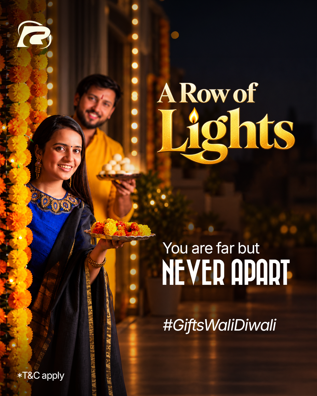 Remit Choice Diwali banner featuring a family celebrating with traditional attire, marigold garlands, glowing lights, and the “A Row of Lights” campaign message.